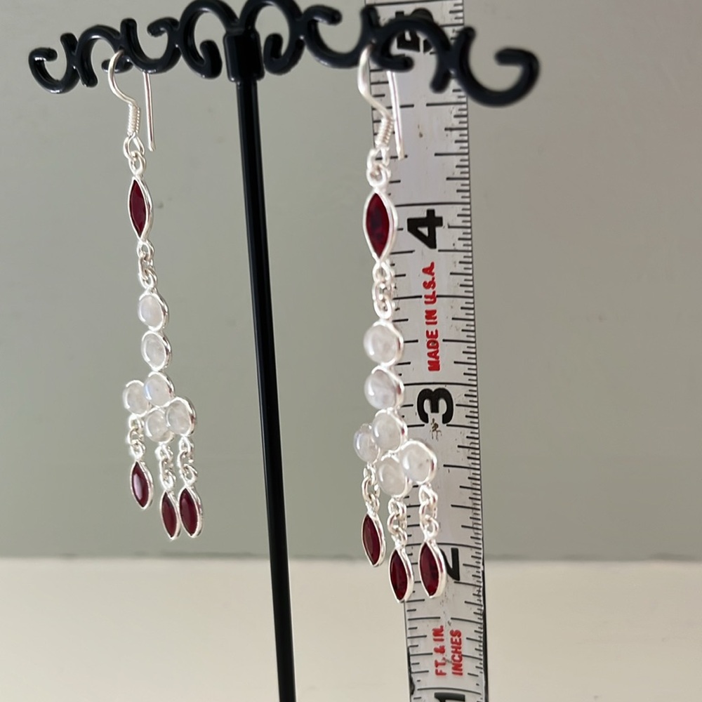 Elegant Moonstone and Garnet in Sterling Silver Dangle Earrings - Picture 5 of 5
